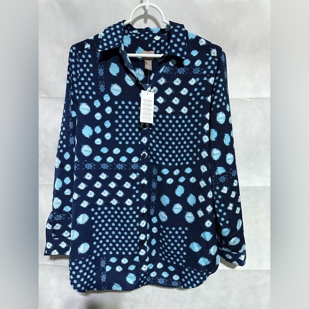 CHICO’S Women’s 1/M Patchwork Play Candy Button Down Blue Blouse Midnight *NEW*